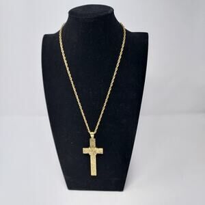 Cross Necklace Men Large Gold Tone Wood Grain Metal 3" Cross 22" Signed Chain